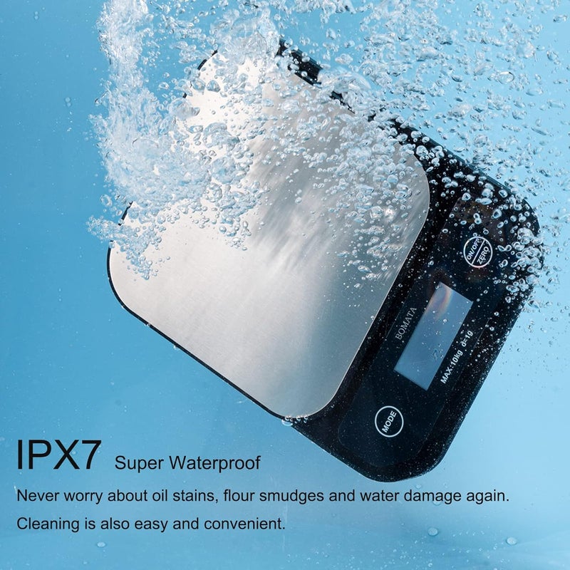 BOMATA IPX7 Waterproof Food Scale, 22lb/10kg, USB Rechargeable, Submersible, Ounces and Grams for Cooking Baking Weight Loss, 0.05oz/1g Precise Graduation, Wide Viewing Angle LCD, Stainless Steel - Image 2